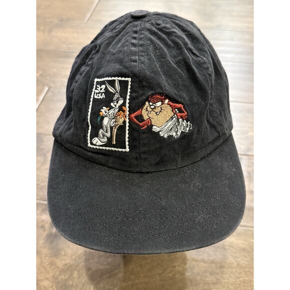 Vintage 90s Bugs Bunny Taz 32c Stamp Black Adjustable Snapback Hat Made In USA - Picture 2 of 10